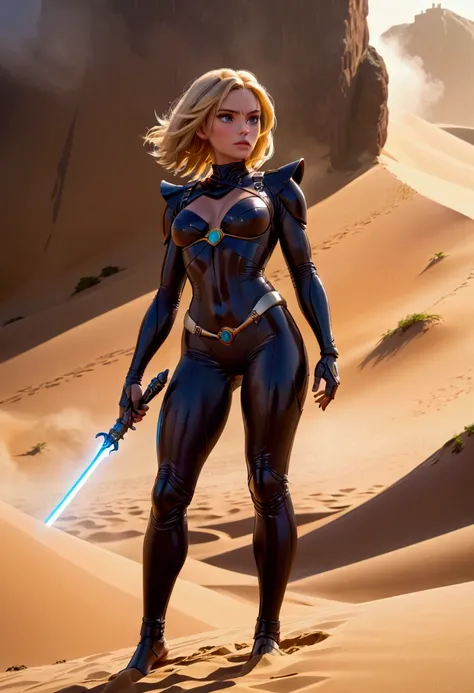 a beautiful woman with blonde hair wearing a sci-fi dune stillsuit, standing on top of a sand dune holding a dagger, 100s of tribal rebels watching her, cinematic lighting, hyper realistic, dramatic, intricate details, volumetric fog, warm color palette, e...