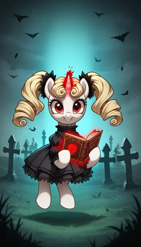 score_9,score_8_up,score_7_up,score_6_up, filly, unicorn, white fur, curly blonde hair, twintails, freckles, red eyes, Gothic pony, lolita fashion, glowing backlight, fashion show, graveyard scene, glitter, whimsical, enchanted, magical, fantasy art concep...