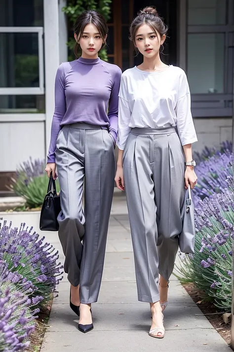 Lavender with gray：The gentleness of lavender purple is combined with the low-key gray，Can create a unique sense of fashion。You can choose a lavender top，Wear with grey pants or skirt。