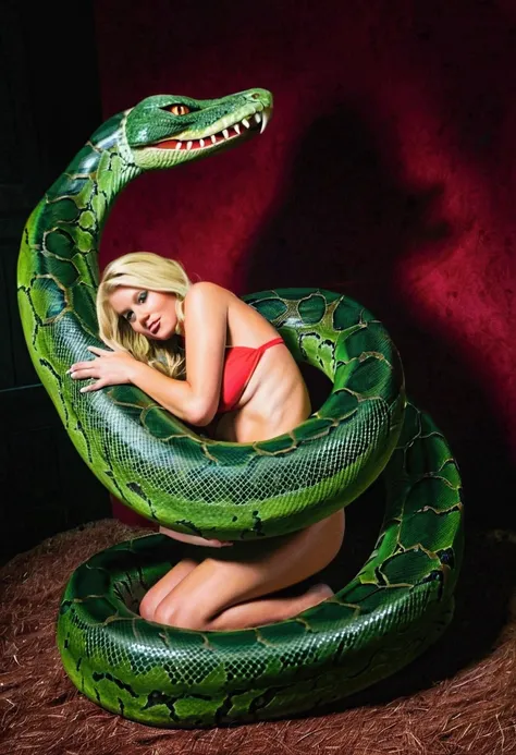 Happy Horny, aroused 1girl), beautiful blonde young teen girl  wearing red thong with  giant colossal green Kaa monster squeezing her hard, wrapped in thick spiraling coils, constricted, struggle, gasping for air, snake attack, snake peril, moonless night,...