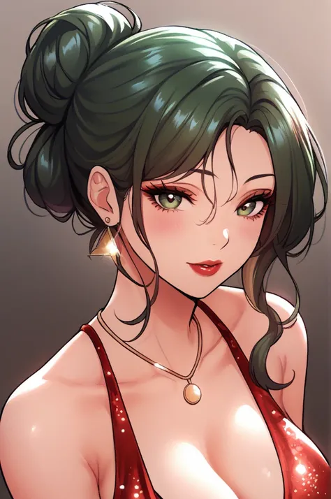 score_9, score_8_up, score_7_up, score_6_up, score_5_up, score_4_up, yu hee, green eyes, green hair, large breasts,  sequin red dress, bare shoulders, necklace, triangle earrings,long earrings,red lipstick , detailed eyes ,bare legs,hair bun,bare shoulder,