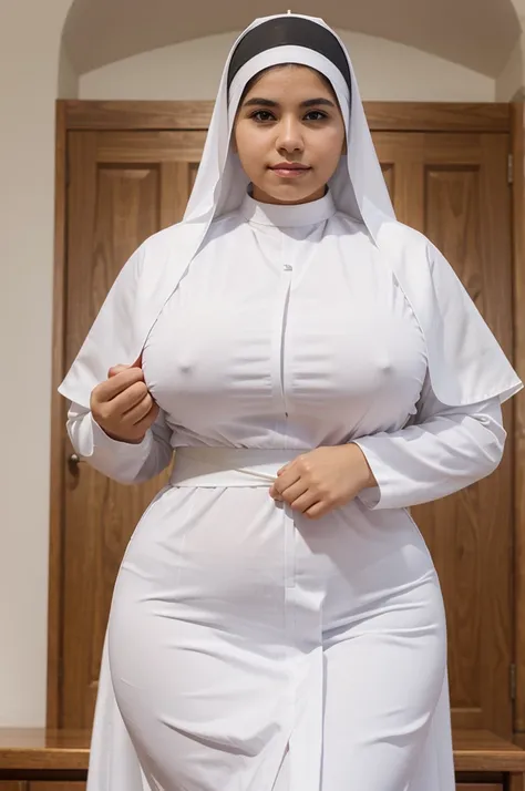 Two Latina nuns wearing nuns habit, slim 18 years old (white skin), waist measures 24 inches, bust measures 38 inches and hips measure 40 inches. Beautiful face, (perfect skin),