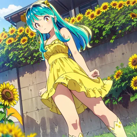 (masterpiece、Highest quality)、1 Girl、Lum, Yellow dress, mini skirt、 I can see her panties、 Embarrassing、blush、 Sunflower field、Stand with your feet apart、 From below、 Gaze Here、 Flipping up a skirt、 from the front、High definition