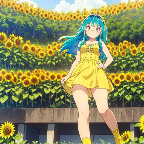 (masterpiece、Highest quality)、1 Girl、Lum, Yellow dress, mini skirt、 I can see her panties、 Embarrassing、blush、 Sunflower field、Stand with your feet apart、 From below、 Gaze Here、 Flipping up a skirt、 from the front、High definition