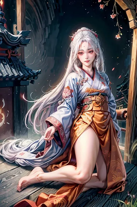 Female samurai warrior with long white hair, Beautifully detailed eyes, Beautifully detailed lips, Very detailed eyes and face, Long eyelashes, red devil eyes, smile, traditional anime style, full body shot, Extremely detailed and intricate design, digital...