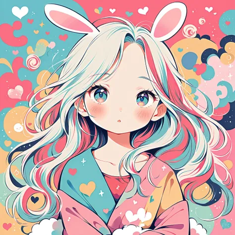 Simple Line Initialism，Abstract art，Urban Background, colorful hearts ,(((The most beautiful girl of all time))), On a bright red campus"YES"Character、beautiful illustration, best quality, cute death、bedroom, pastel color, fluffy bunny ears, , silver long ...