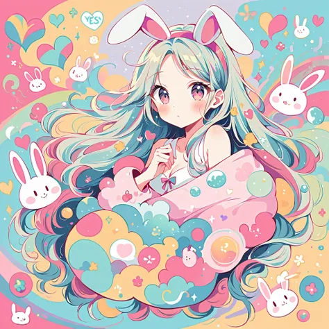 Simple Line Initialism，Abstract art，Urban Background, colorful hearts ,(((The most beautiful girl of all time))), On a bright red campus"YES"Character、beautiful illustration, best quality, cute death、bedroom, pastel color, fluffy bunny ears, , silver long ...