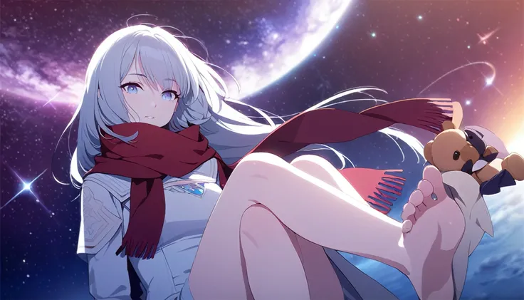 (((masterpiece))), (((best quality))),(((high detail))),light manipulation, girl with long silver hair, gradient purple to sky blue eyes, wearing a white dress, a red scarf, galaxy background, holding a teddy bear, feet, no footwear