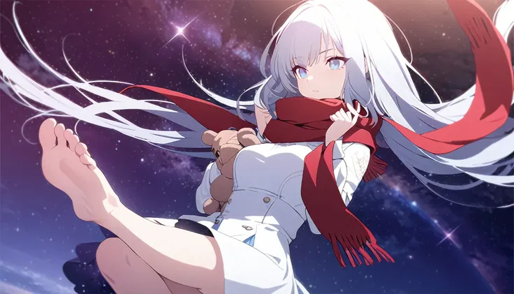 (((masterpiece))), (((best quality))),(((high detail))),light manipulation, girl with long silver hair, gradient purple to sky blue eyes, wearing a white dress, a red scarf, galaxy background, holding a teddy bear, feet, no footwear