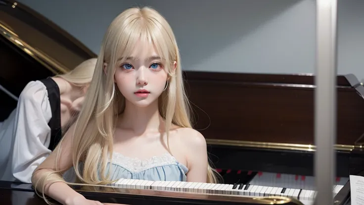 playing piano.silky shiny skin、22 year old cute sexy little beautiful face、Hair glows in front of a cute face、long silky bangs covering the eyes、pale light blue eyes、Young woman super long blonde shiny golden bright straight hair、with round face、Small face...