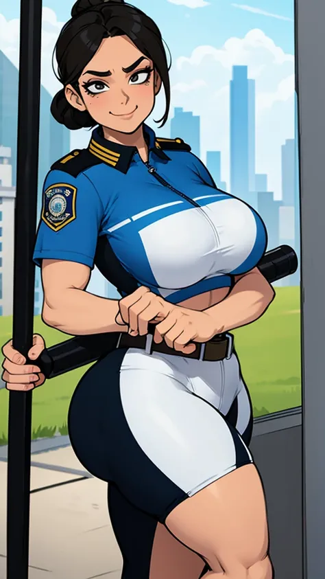 female police officer, milf, curvy, athletic, hair tied, police uniform, holding baton in hand, smug face 