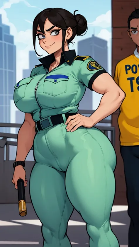 female police officer, milf, curvy, athletic, hair tied, police uniform, holding baton in hand, smug face 