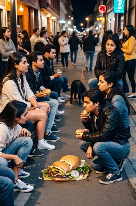 Dog dying of hunger in the street, watching a group of people eat hamburgers 
