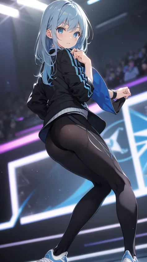 blue delicate eyes, ,sports shoes，black tights，sports jacket，hip-wrapped pants