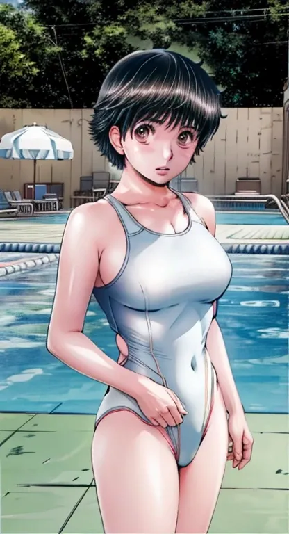 A boyish, short-haired, busty, beautiful-legged beauty is blushing and standing by the pool in a competitive swimsuit, legs spread to the sides, mouth open.。A middle-aged man stands facing the camera at a beautiful woman。