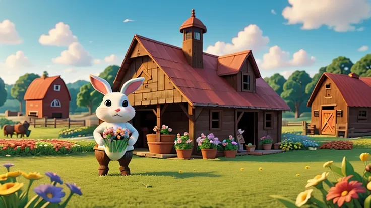 A bunny who enjoys planting flowers, with a farm and barn in the background