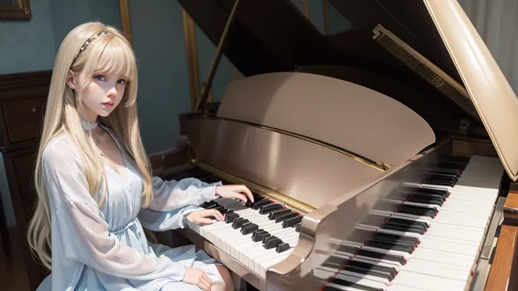 playing piano.silky shiny skin、22 year old cute sexy little beautiful face、Hair glows in front of a cute face、long silky bangs covering the eyes、pale light blue eyes、Young woman super long blonde shiny golden bright straight hair、with round face、Small face...