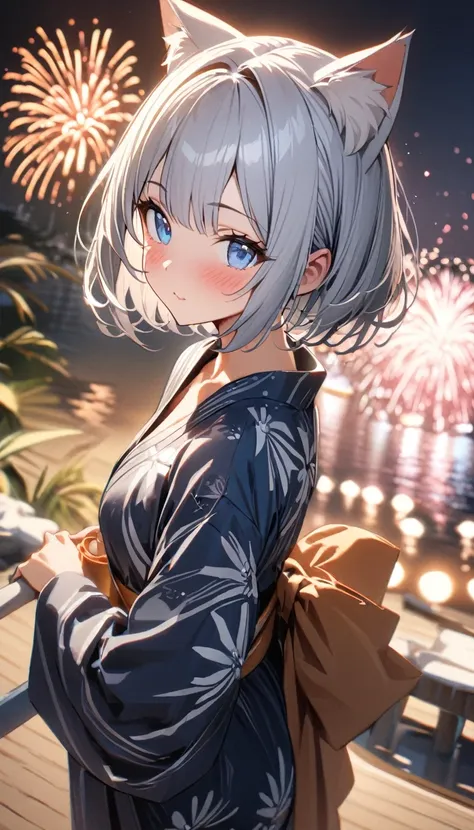 1girl、(((best quality)), ((masterpiece)), (details), masterpiece, best quality, high quality, ulutra detailed, perfect face, ((1girl, blue eyes, cat ears: 1.3 silver bob hair: 2.5,))、Shiny Hair、Glowing Skin、blush、yukata、Sandals、Small breastidsummer、Resort、...