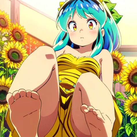 (masterpiece、Highest quality)、1 Girl、Lum, Yellow dress, mini skirt、 I can see her panties、 Embarrassing、blush、 Sunflower field、Stand with your feet apart、 From below、 Gaze Here、 Flipping up a skirt、 from the front、High definition