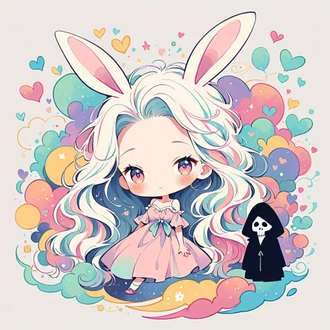 Simple line initials，Abstract art，Urban Background, Colorful Hearts ,(((The most beautiful girl of all time))), Cute Grim Reaper Character、Beautiful illustrations, Highest quality, Cute Grim Reaper、Bedroom, pastel colour, Fluffy bunny ears, , Silver long h...