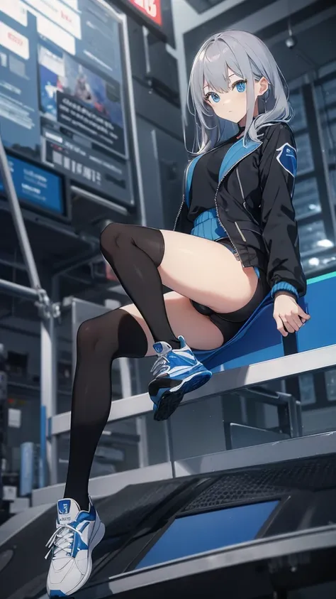 Blue delicate eyes, ,sports shoes，Black tights，Sports jacket，Hip-wrapped pants