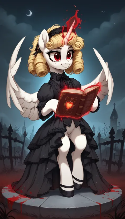 score_9,score_8_up,score_7_up,score_6_up, female, unicorn, white fur, curly blonde hair, freckles, red eyes, Gothic pony, lolita fashion, glowing backlight, fashion show, graveyard scene, glitter, whimsical, enchanted, magical, fantasy art concept, intrica...