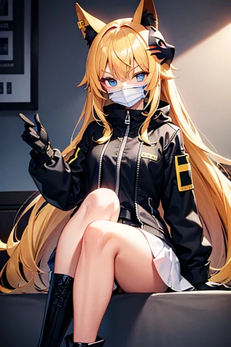 girl, blue eyes, long yellow hair, black face mask, black jacket, short white skirt, black boots, black knuckleless gloves. 