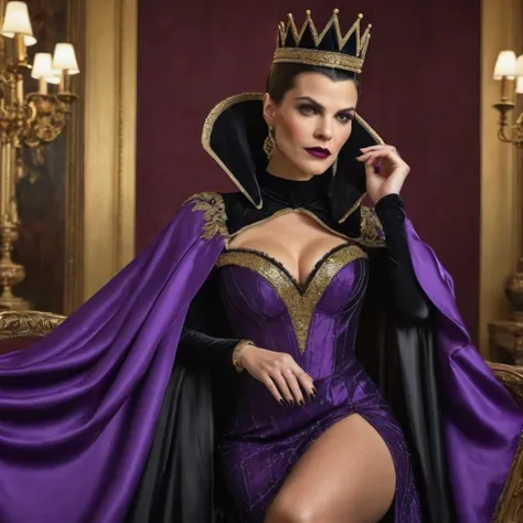 masterpiece, best quality, detailed face, evil queen, long purple royal dress with a white collar, purple puffed sleeves with go...