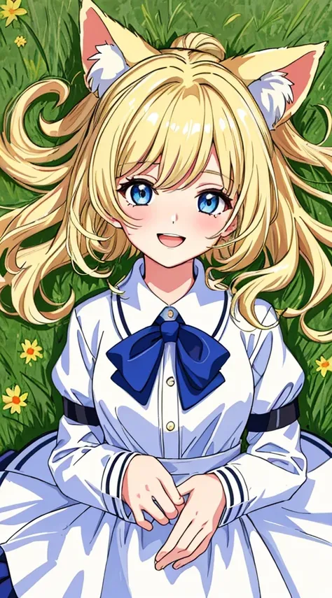 masterpiece, ultra high quality:1.5, ((best quality)), 1girl(20years old), ((8k)), ((blonde hair(long), (messy))), collared white shirt, extra face shot, blue eyes, laughing, looking at viewer, kemonomimi, grass background, holding white cat