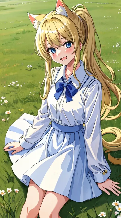 masterpiece, ultra high quality:1.5, ((best quality)), 1girl(20years old), ((8k)), ((blonde hair(long), (messy))), collared white shirt, extra face shot, blue eyes, laughing, looking at viewer, kemonomimi, grass background, holding white cat