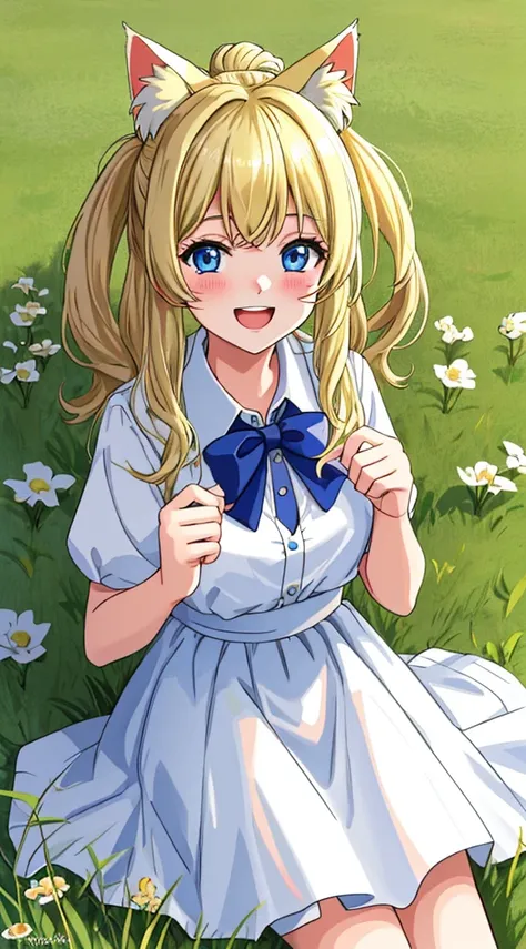 masterpiece, ultra high quality:1.5, ((best quality)), 1girl(20years old), ((8k)), ((blonde hair(long), (messy))), collared white shirt, extra face shot, blue eyes, laughing, looking at viewer, kemonomimi, grass background, holding white cat