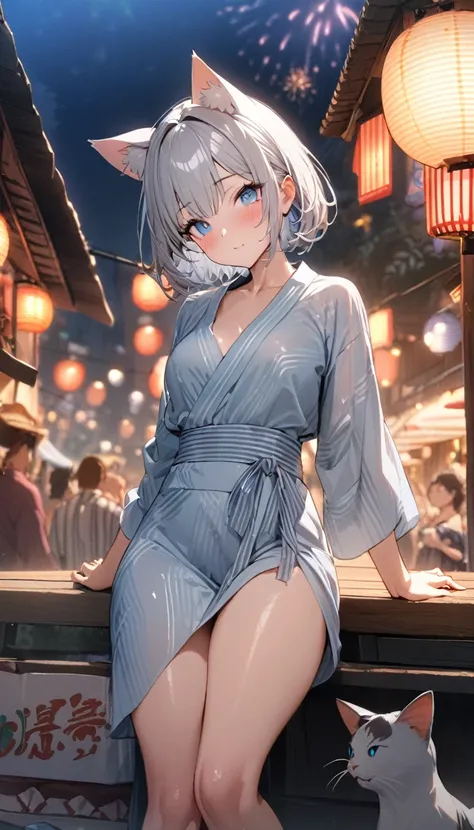 1girl、(((best quality)), ((masterpiece)), (details), masterpiece, best quality, high quality, ulutra detailed, perfect face, ((1girl, blue eyes, cat ears: 1.3 silver bob hair: 2.5,))、Shiny Hair、Glowing Skin、blush、yukata、Summer festival、Sandals、Small breast...