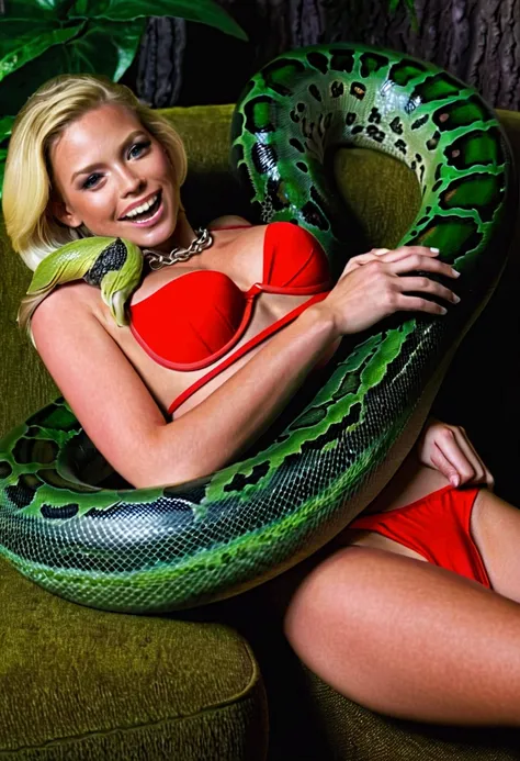 Happy Horny, aroused 1girl), beautiful blonde young teen girl  wearing red thong with  giant colossal green Kaa monster squeezing her hard, wrapped in thick spiraling coils, constricted, struggle, gasping for air, snake attack, snake peril, moonless night,...