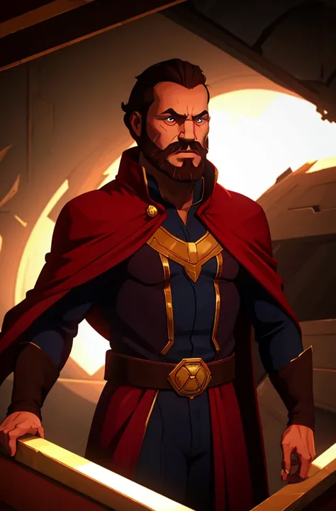 31-year-old man, short brown hair, red eyes, medium beard, with a serious look, wearing a red cape like the Supermam of Injustice, a black costume fitted in the Supermam style. In a destroyed environment.