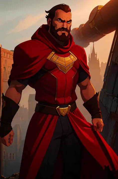 31-year-old man, short brown hair, red eyes, medium beard, with a serious look, wearing a red cape like the Supermam of Injustice, a black costume fitted in the Supermam style. In a destroyed environment.