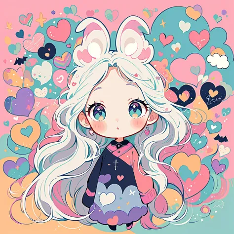 Simple line initials，Abstract art，Urban Background, Colorful Hearts ,(((The most beautiful girl of all time))), Cute Grim Reaper Character、Beautiful illustrations, Highest quality, Cute Grim Reaper、Bedroom, pastel colour, Fluffy bunny ears, , Silver long h...