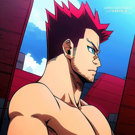 enji, 1 chico, whole body, big muscular, of good quality, naked, standing in an open space during the day, red hair, blue eyes, ...