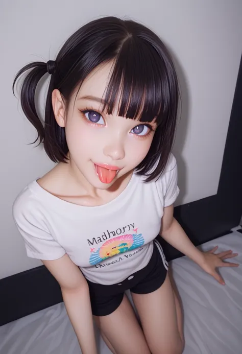 pastel colors t-shirt,off-shoulder look,bare shoulder,ollarbone,midriff peek,shorts,open mouth,(tongue out:2),kneeling,(overhead...