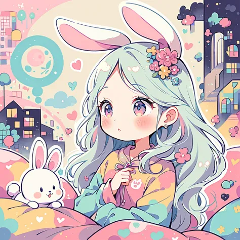 Simple line initials，Abstract art，Urban Background, Colorful Hearts ,(((The most beautiful girl of all time))), Cute Grim Reaper Character、Beautiful illustrations, Highest quality, Cute Grim Reaper、Bedroom, pastel colour, Fluffy bunny ears, , Silver long h...