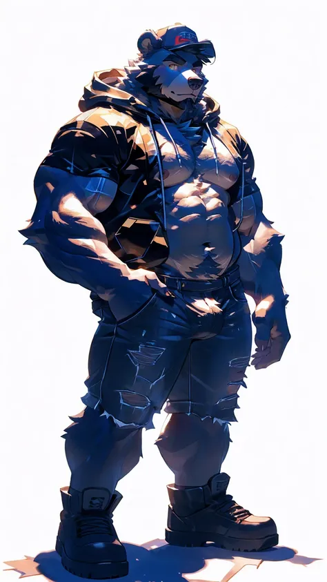 (masterpiece:1.2), best quality,pixiv,official art,perfect anatomy, (Ray tracing, light),solo, (1_male:1.3) , (muscle), (grey fur:1.4), (muscle bear), (beard:1.2), (gleaming golden eyes), bear tail, full body, Thick black eyebrows, baseball cap, (open shor...