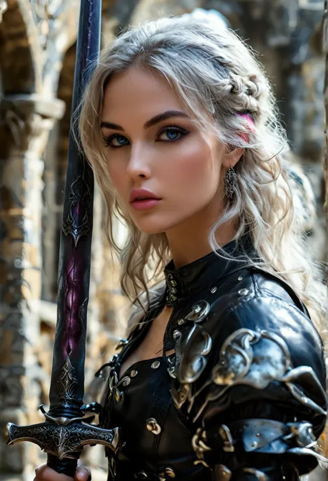 27 year old fit woman, straight silver hair, violet eyes ( cuerpo 90-60-90 lindo culo) holding a sword(background in a medieval castle with dragons)(black top and tight-fitting black leather pants. high boots with laces) (oval or slightly rounded face, wit...