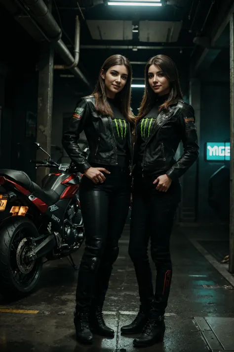 two woman smiles standing next to a motorcycle, monster energy logo in background, detailed woman, realistic, photorealistic, 8k, highres, best quality, masterpiece, ultra-detailed, physically-based rendering, professional, vivid colors, studio lighting, s...