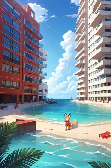 fox boy,Ocean,Red collar,Large high rise apartment building,  8K resolution,high resolution,最high resolution,Sandbox 