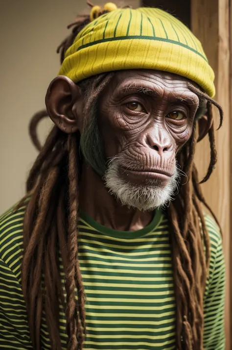 An old monkey with dreadlocks on his head dressed in a green striped shirt, Yellow, red and black
