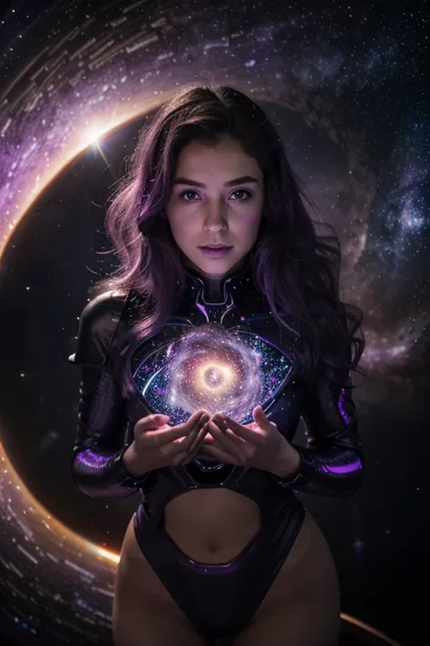 "Our character is completely nude except for a cape and is immersed in a swirling galaxy of purples and indigos. Shes floating in what appears to be outer space, her hair and cape billowing as if in zero gravity. Her eyes are wide with wonder and excitemen...