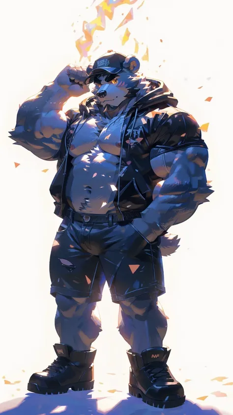 (masterpiece:1.2), best quality,pixiv,official art,perfect anatomy, (Ray tracing, light),solo, (1_male:1.3) , (muscle), (grey fur:1.4), (muscle bear), (beard:1.2), (gleaming golden eyes), bear tail, full body, Thick black eyebrows, baseball cap, (open shor...