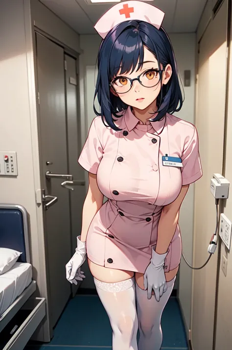 1woman, solo, nurse, white nurse cap, white nurse uniform, ((white legwear, zettai ryouiki)), white gloves, glasses, blue hair, orange eyes, pink lips, no impression, standing, ((hospital room)), sharp outline, short sleeves, mature female, 35 years old, b...