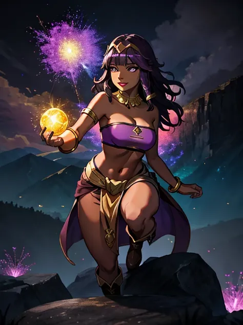 (best quality:1.3), (4K quality),masterpiece, best quality, high res, detailed, (Detailed face:1.2), (Detailed eyes:1.2), (Perfect figure:1.2), Fantasy style, Fantasy environment, solo, 1girl, BREAK 25 year old woman, sorceress, (Dark skin:1.5), purple hai...