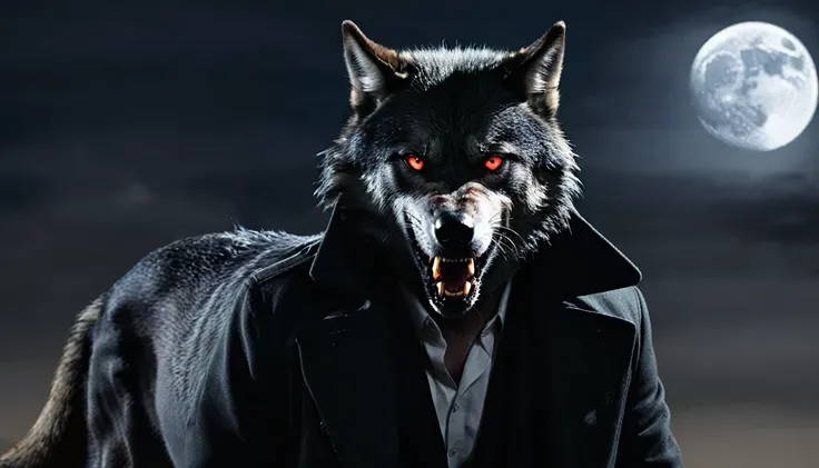 ((1 Guy)), ((Wolf)), Black Coat, ((Red Eyes)), ((Possessive)), ((Long Tail)), Angry, Scars, Night, Moon, HD, High Resolution, 4K