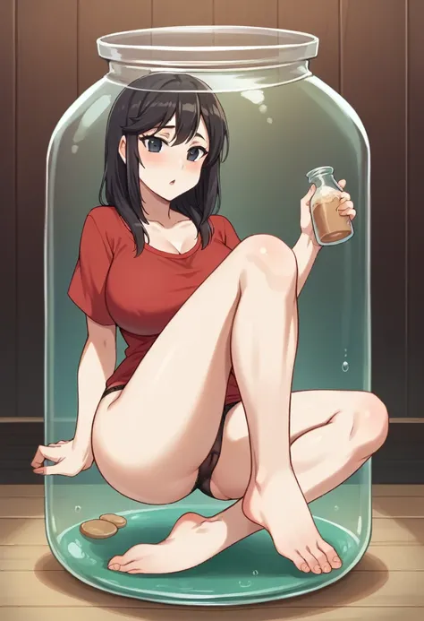 artwork, Attention to details, beautiful girl, light brown skin, big breasts, long black hair and black eyes, With a red shirt, bare legs, black panties, whole body, barefoot, trapped inside a transparent jar, waxed inside, inside the jar, whole body en el...